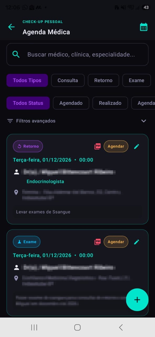 Agenda médica com busca, filtros por tipo e status e lista de consultas, retornos e exames