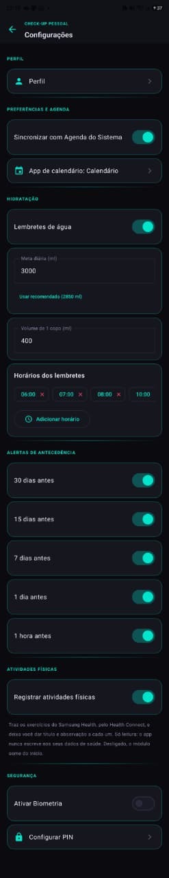 Configurações com perfil, app de calendário, hidratação, alertas de antecedência, atividades físicas e segurança